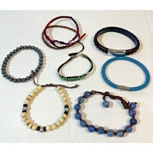 Lot of 7 Unisex Beaded & Braided Leather Bracelets Surfer Boho Stackable